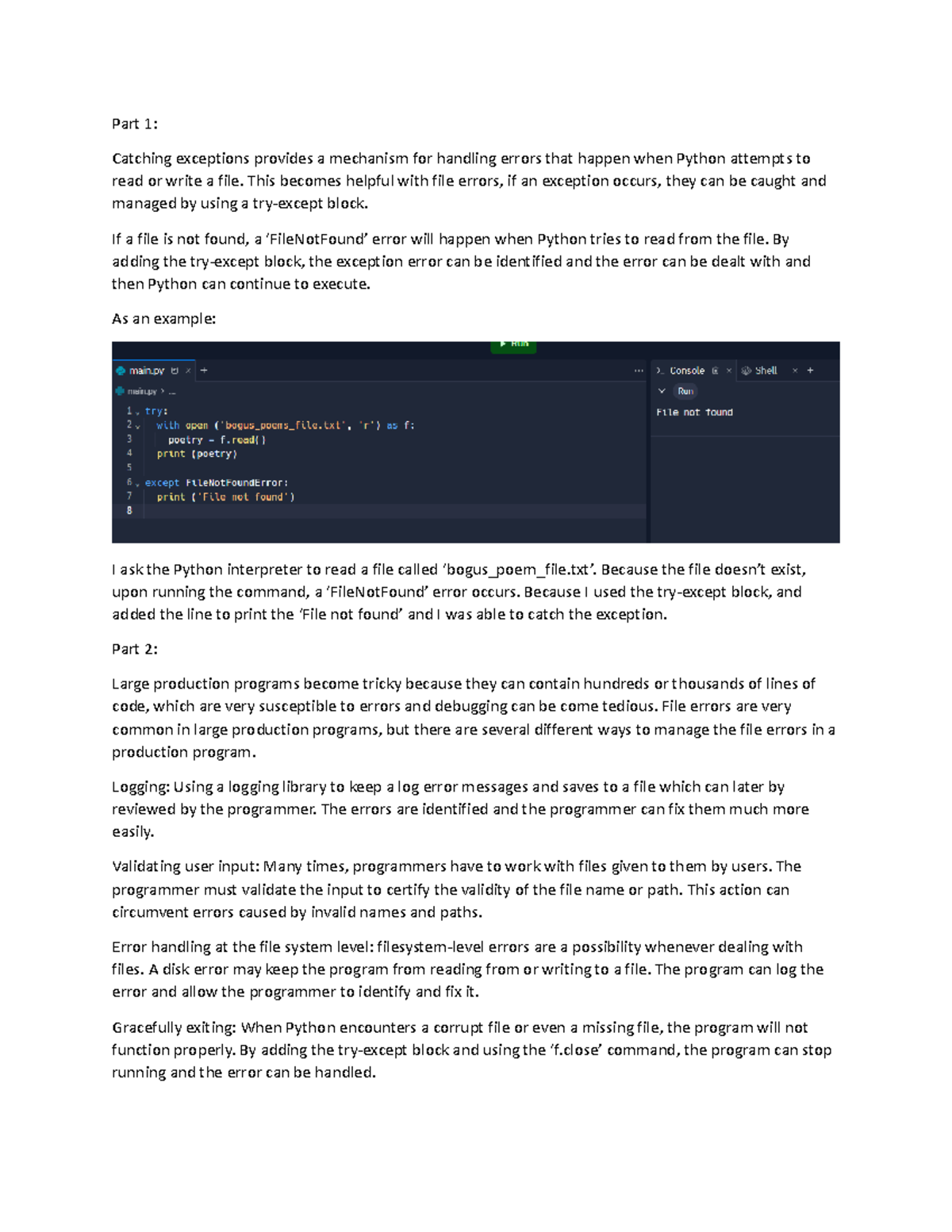 CS1101 Discussion Unit 8 - Part 1: Catching exceptions provides a ...