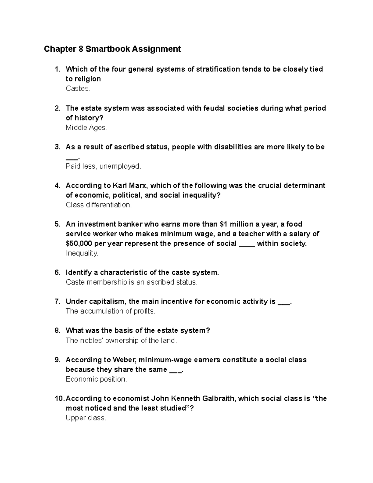 SOC 100-702 Chapter 8 Smartbook Assignment Notes on Stratification ...