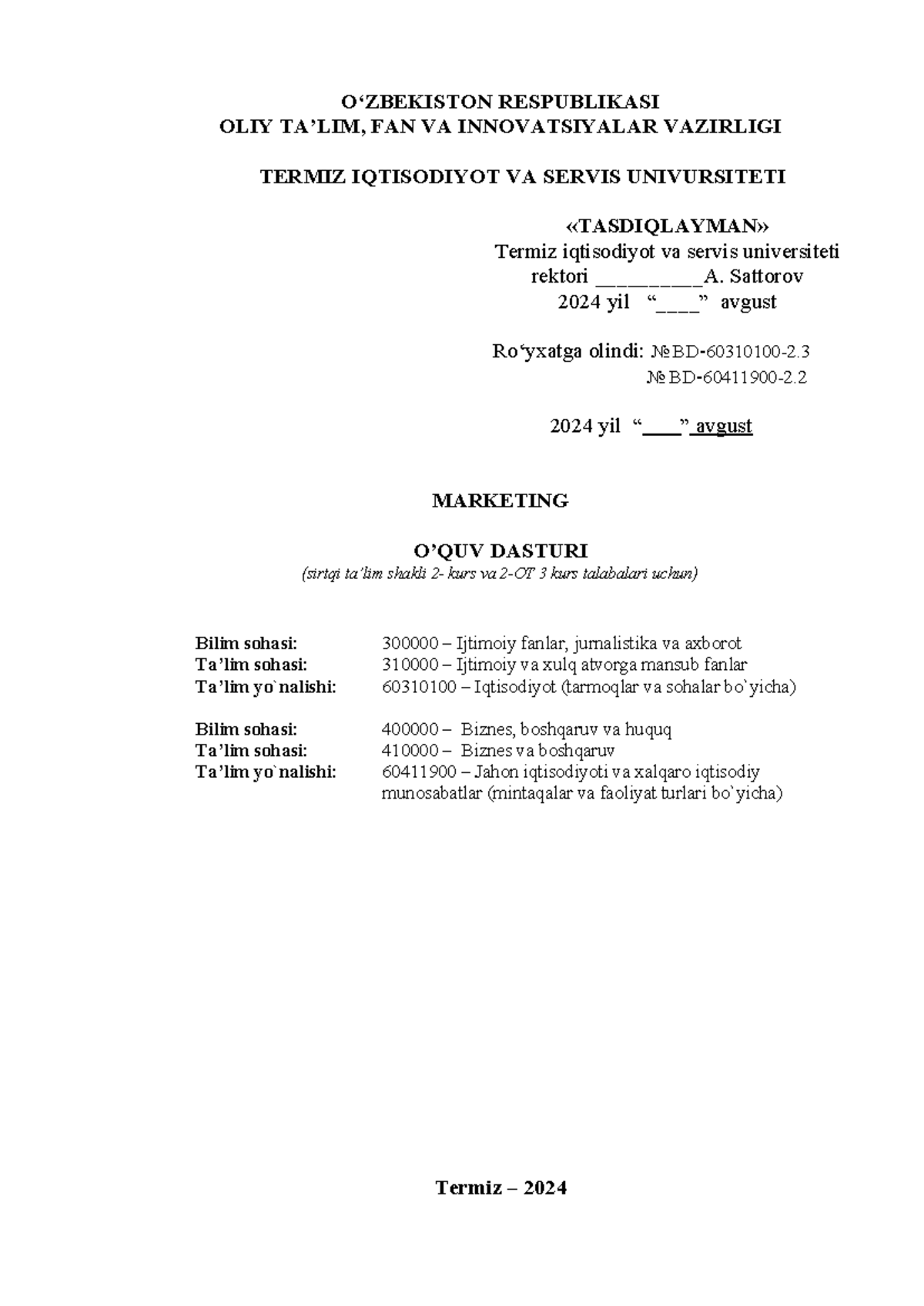Marketing O'quv Dasturi (2024-2025) - Termiz Iqtisodiyot va Servis ...