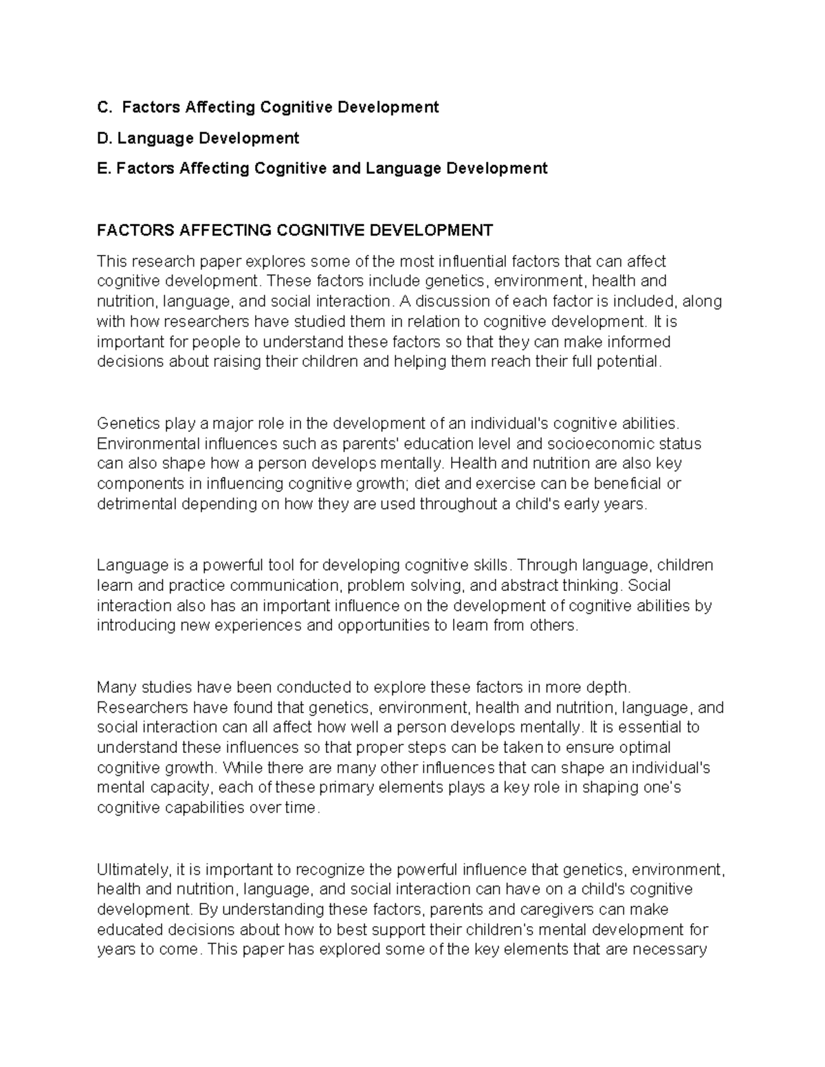 C-E Topics - C. Factors Affecting Cognitive Development D. Language ...