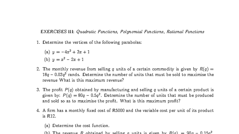 MAM127 TUT Exercise: Quadratic, Polynomial & Rational Functions - Studocu
