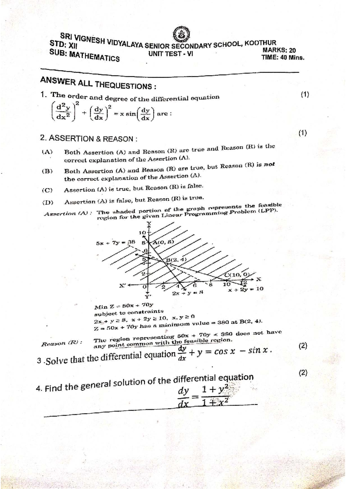 UT-6 Class XII Mathematics Unit Test Answer Script - Studocu