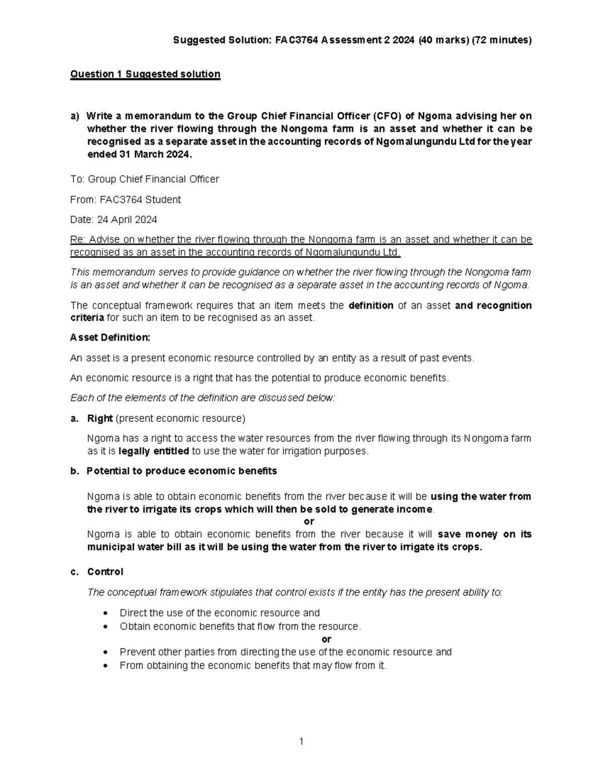 Suggested Solution: FAC3764 Assessment 2 Memorandum on Asset ...