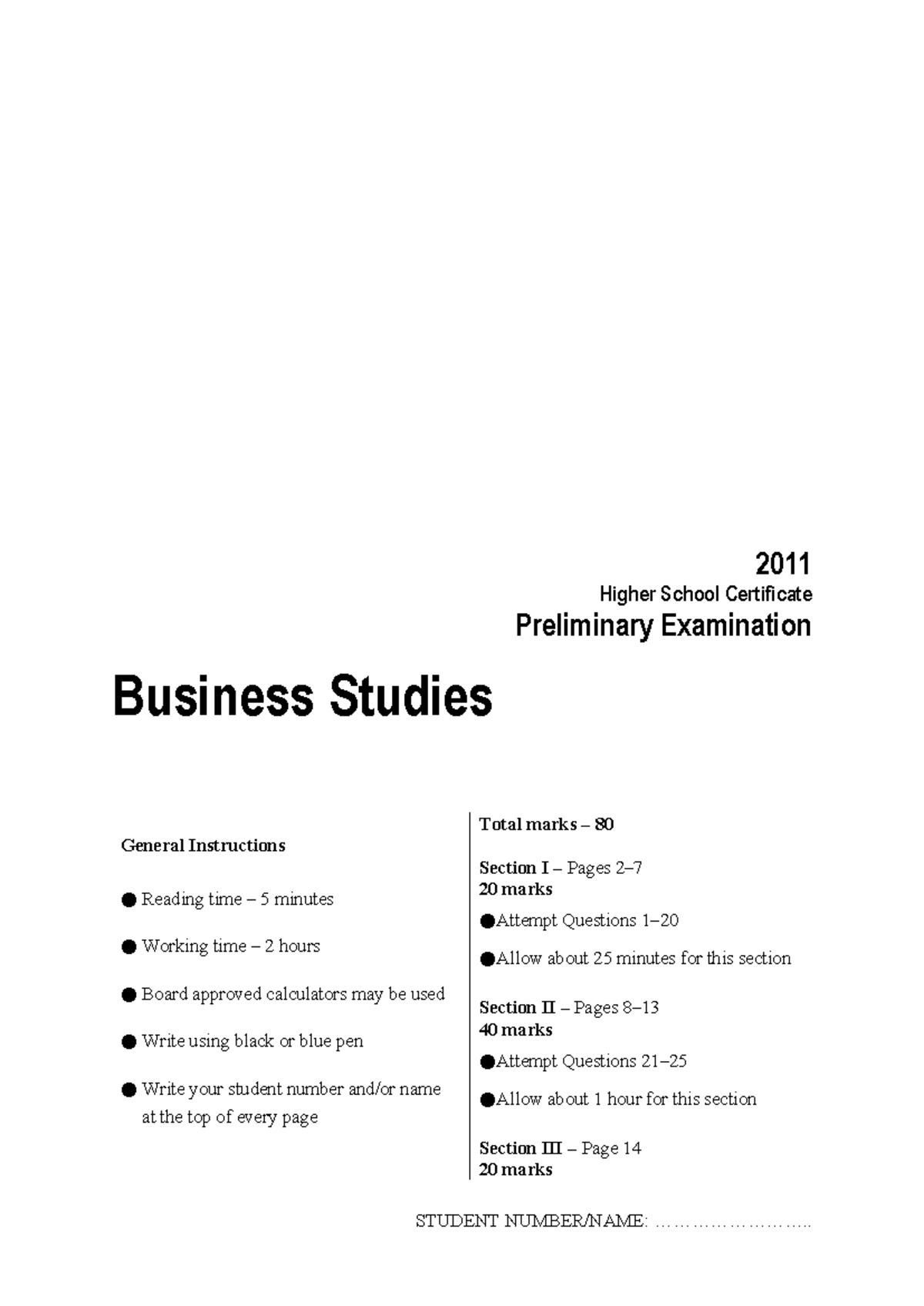 2011 HSC Preliminary Exam - Business Studies (Total Marks: 80) - Studocu