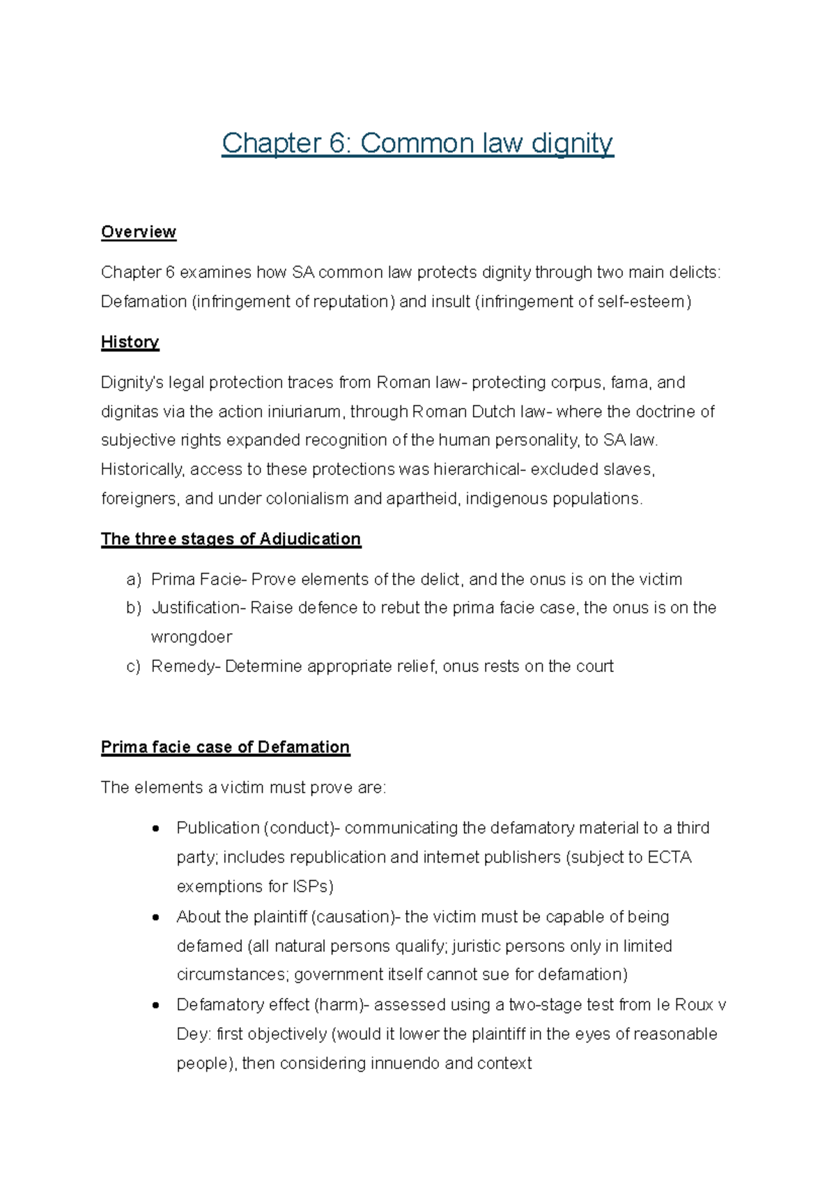 Chapter 6: Delict Notes on Common Law Dignity and Defamation - Studocu