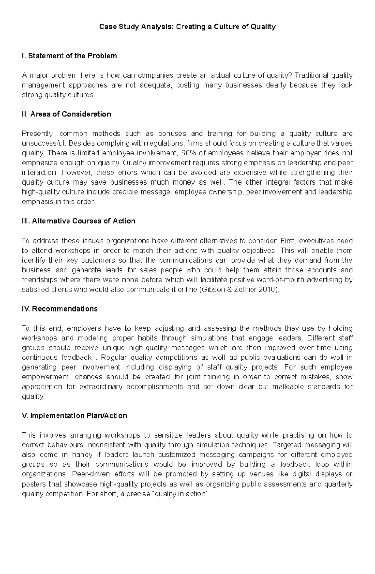 Case Study Analysis Creating a Culture of Quality - Statement of the ...