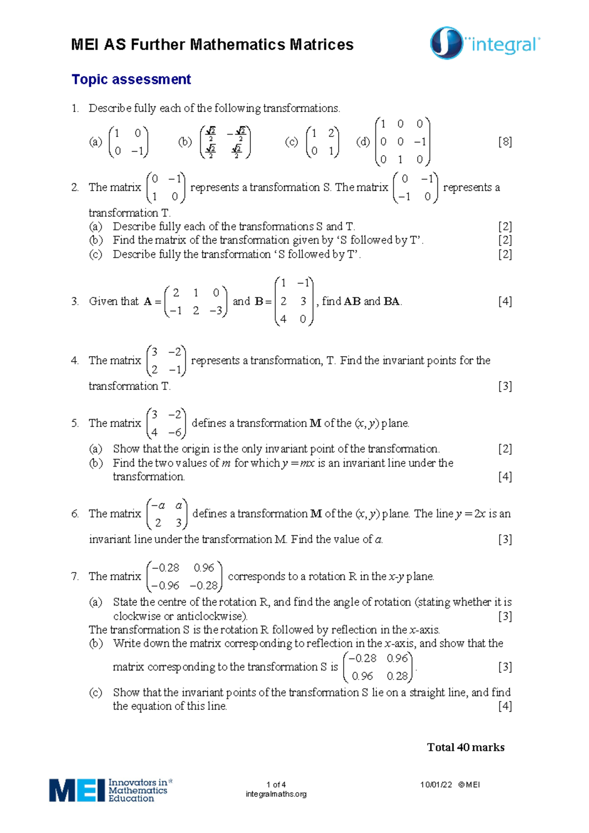 MEI AS Further Mathematics Matrices Topic Assessment Solutions - Studocu