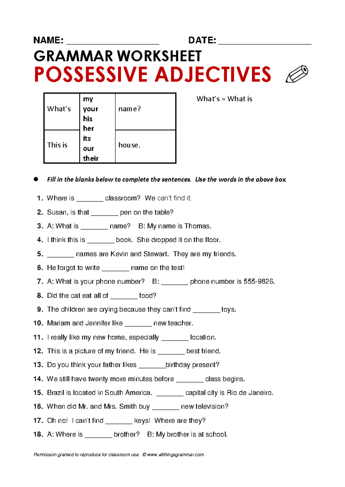 ENG 101: Grammar Worksheet on Possessive Adjectives - Studocu