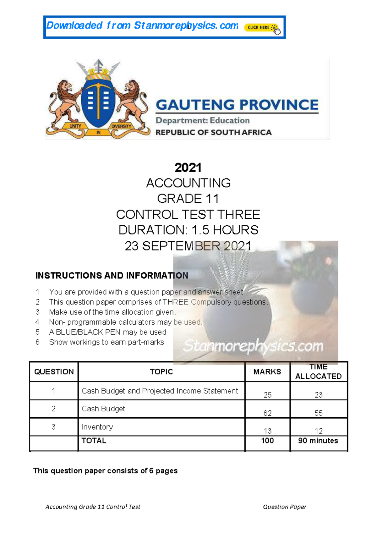 Gauteng Accounting Grade 11 Control Test 3 QP & Memo September 2021 ...