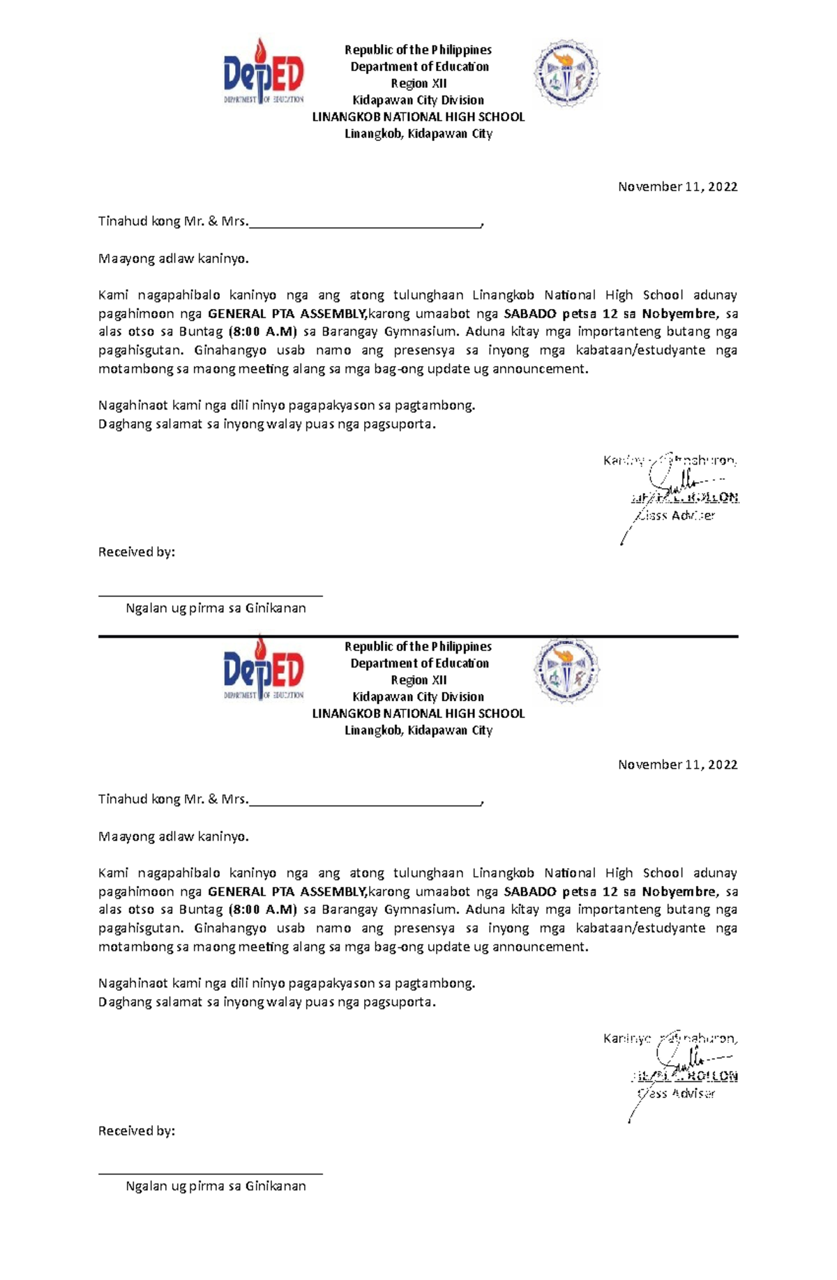 Sulat para sa mga Ginikanan: General PTA Assembly Notification - Studocu