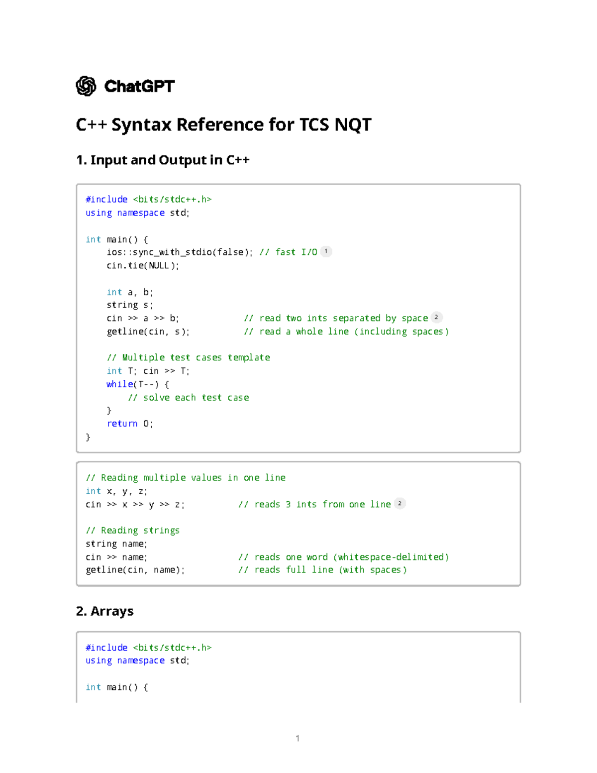 C++ Syntax Reference for TCS NQT - Input and Output in C++ #include ...