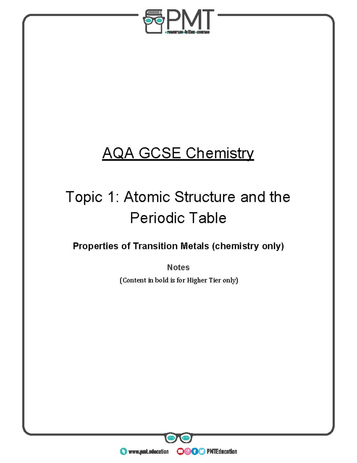 Chem1 whole summary notes - AQA GCSE Chemistry Topic 1: Atomic ...