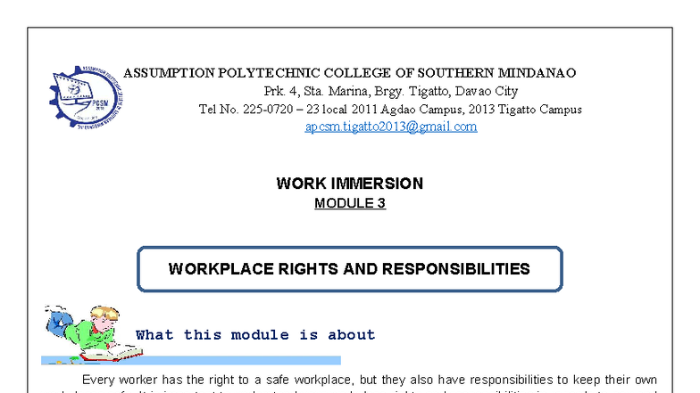 WORK IMMERSION MODULE 3: WORKPLACE RIGHTS & RESPONSIBILITIES - Studocu