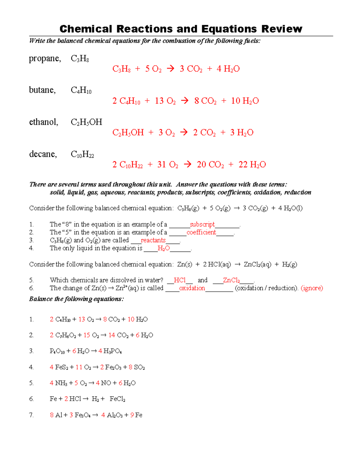 Answer Key for Chemical Reactions & Equations Review WS 11 - Studocu