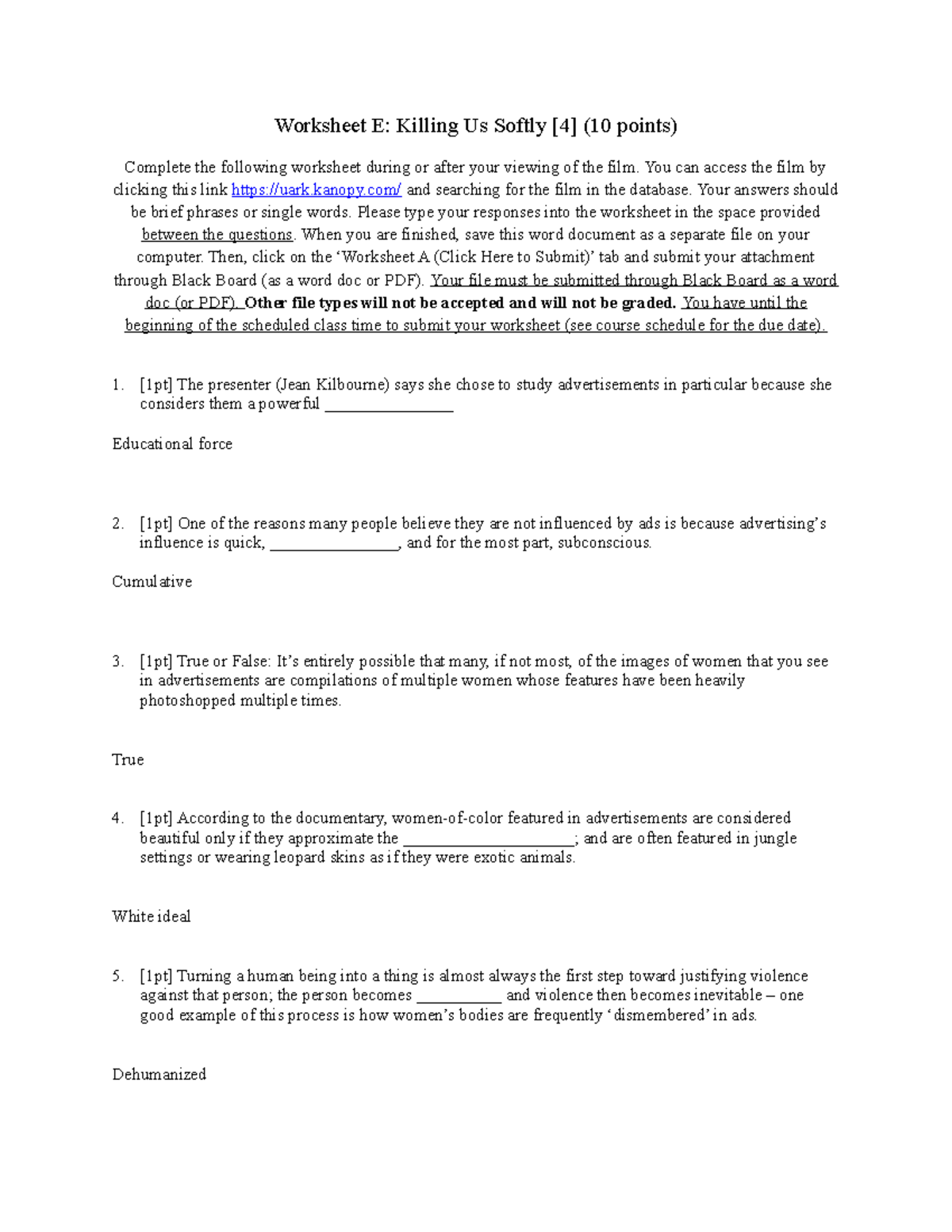 Killing Us Softly 4: Worksheet E Responses and Analysis - Studocu