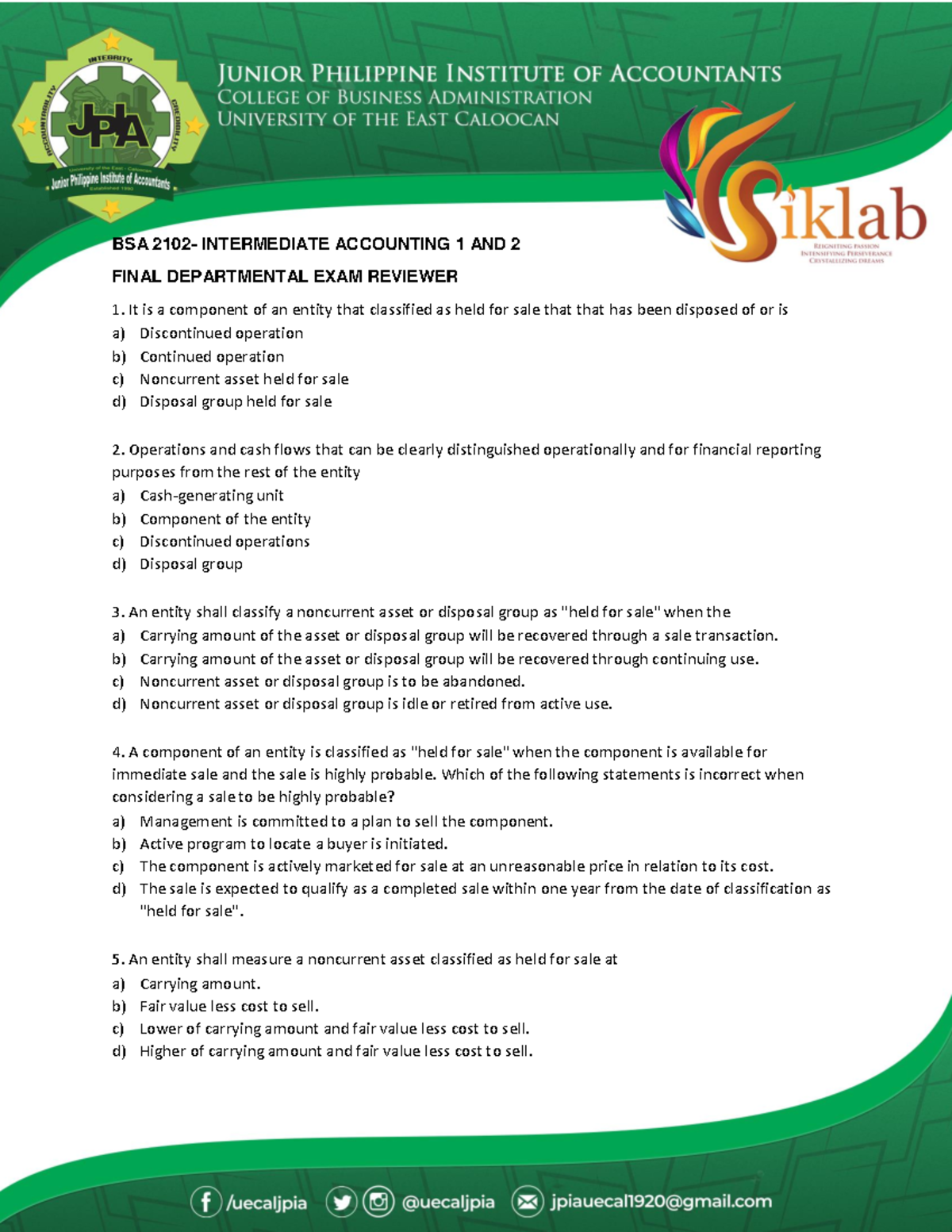 BSA 2102 Final Exam Reviewer: Intermediate Accounting I & II - Studocu