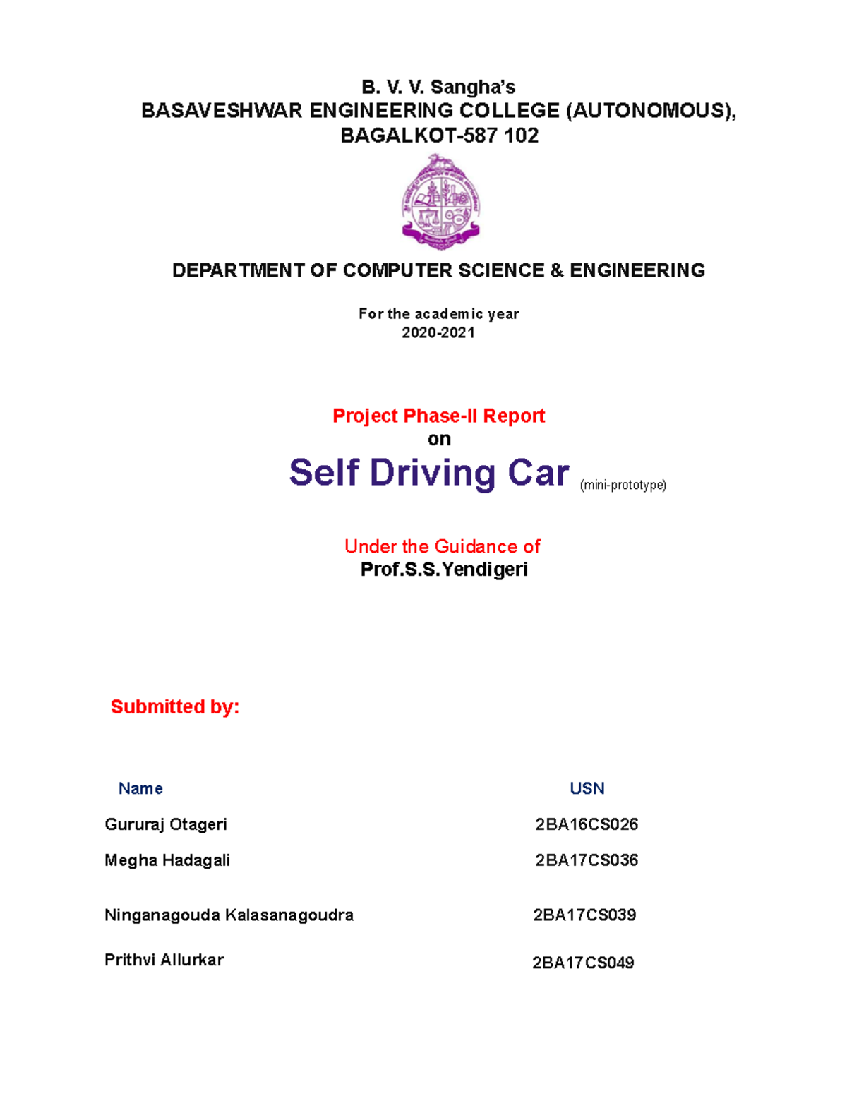 Project Phase-II Report on Self-Driving Car Prototype (2BA16CS, 2BA17CS ...