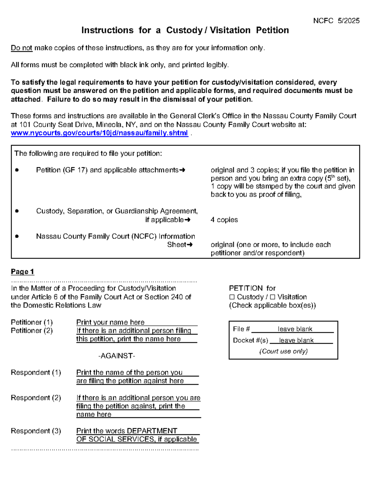 NCFC Custody & Visitation Petition Instructions and Forms - Studocu