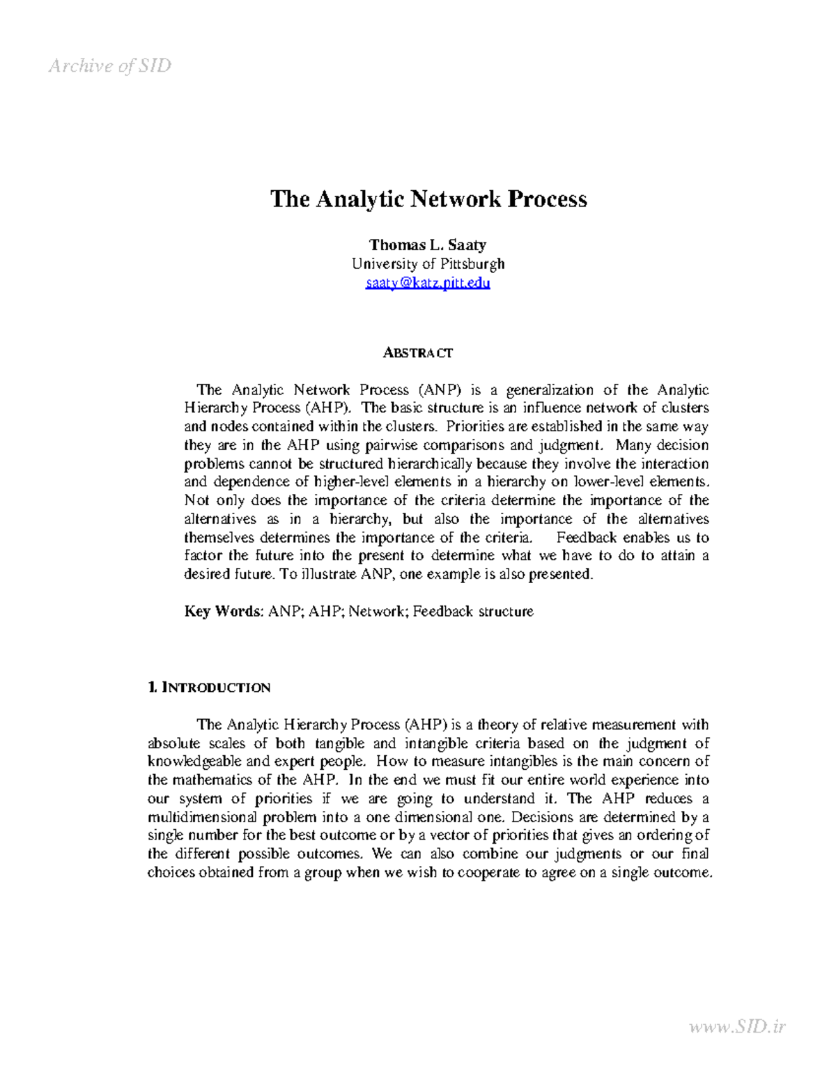SID 101: The Analytic Network Process Overview and Applications - Studocu