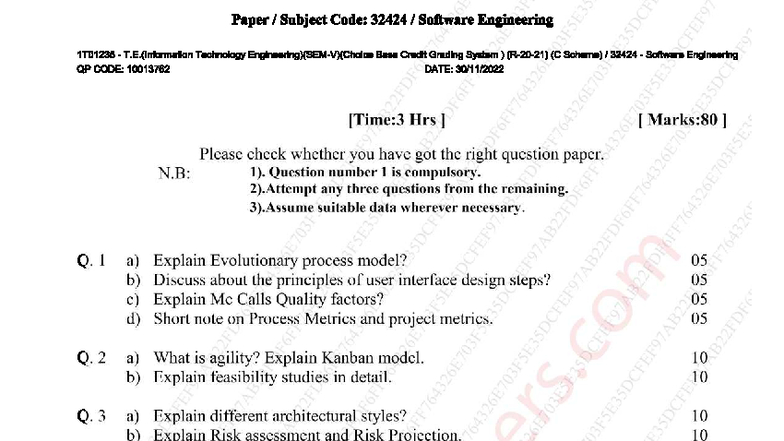 Software Engineering Exam Paper 32424 - Semester 5, Dec 2022 - Studocu