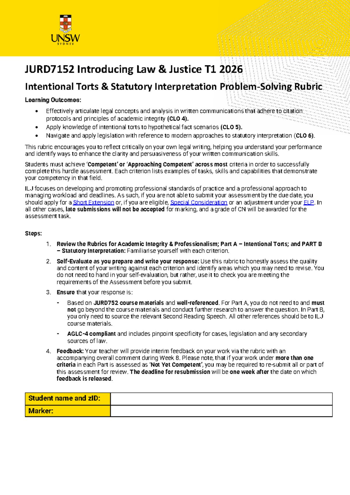 JURD7152 ILJ Legal Problem-Solving Rubric T1 2026: Intentional Torts ...