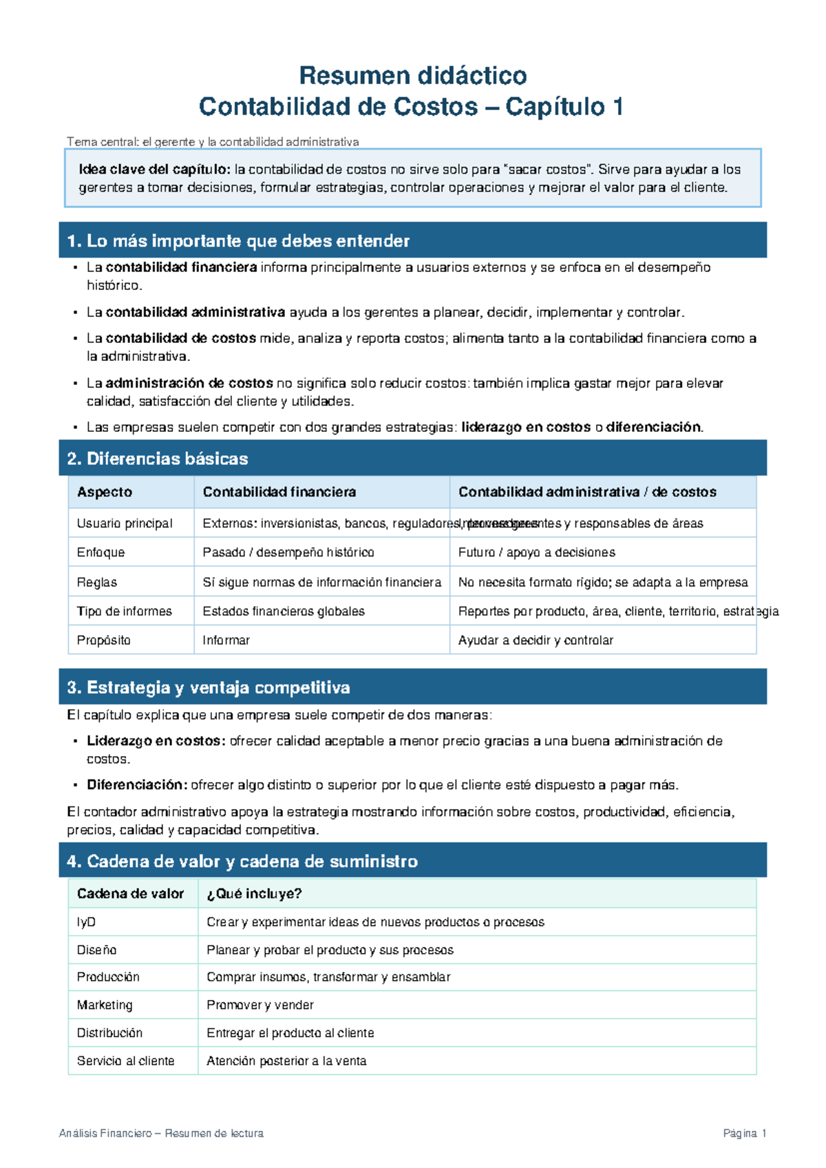 Resumen Didáctico Contabilidad de Costos - Capítulo 1 - Studocu