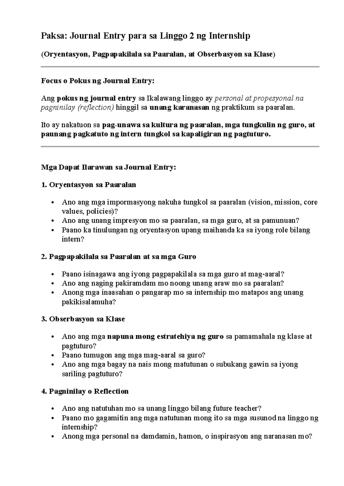 Journal Entry 1: Linggo 2 ng Internship - Oryentasyon at Obserbasyon ...