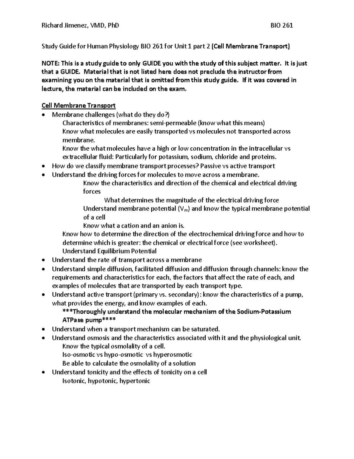 Study Guide for Human Physiology BIO 261: Unit 1 Part 2 - Cell Membrane ...