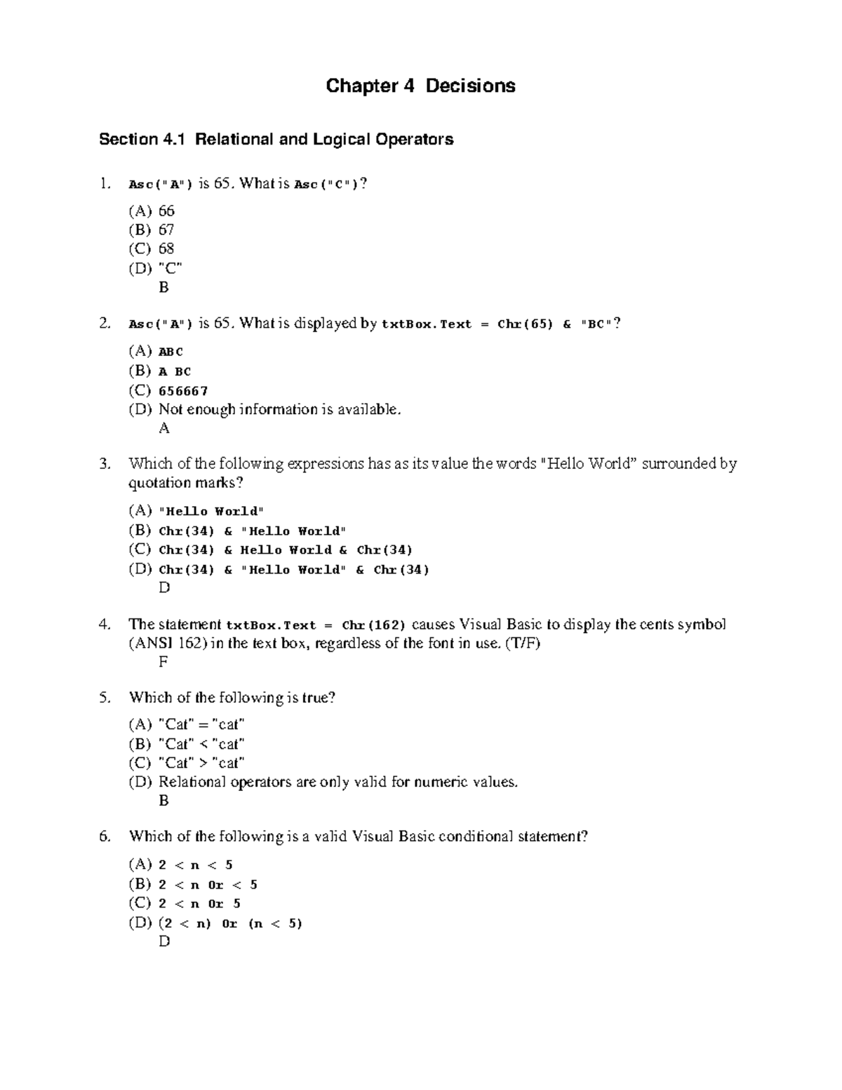Visual Basic Chapter 04: Decisions and Operators Analysis - Studocu