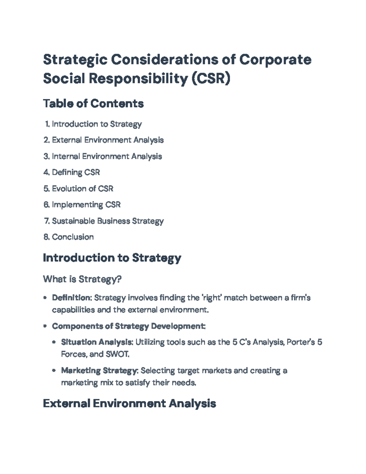 Strategic Considerations of CSR: Analysis and Implementation Framework ...
