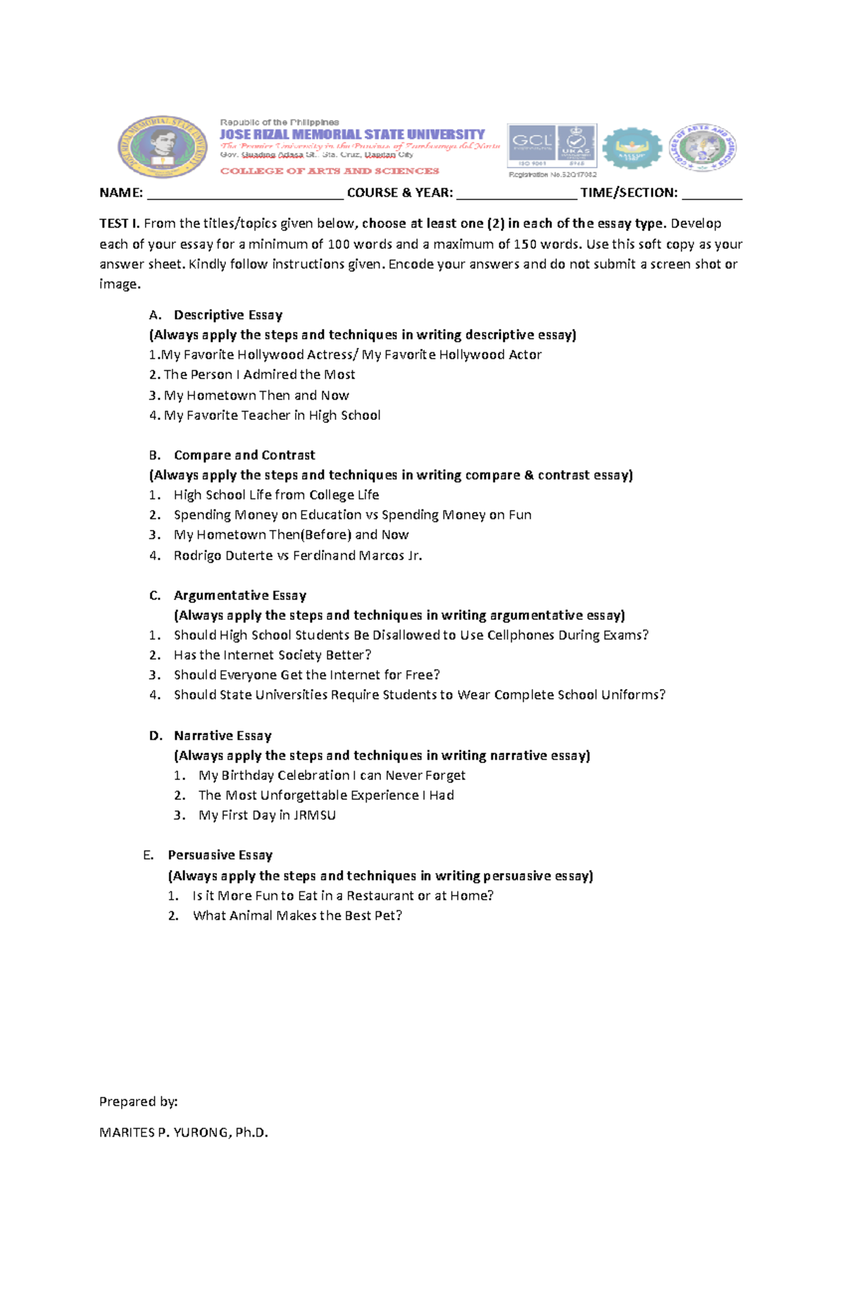 ENG 101: Essay Writing Techniques & Topics for Test I - Studocu