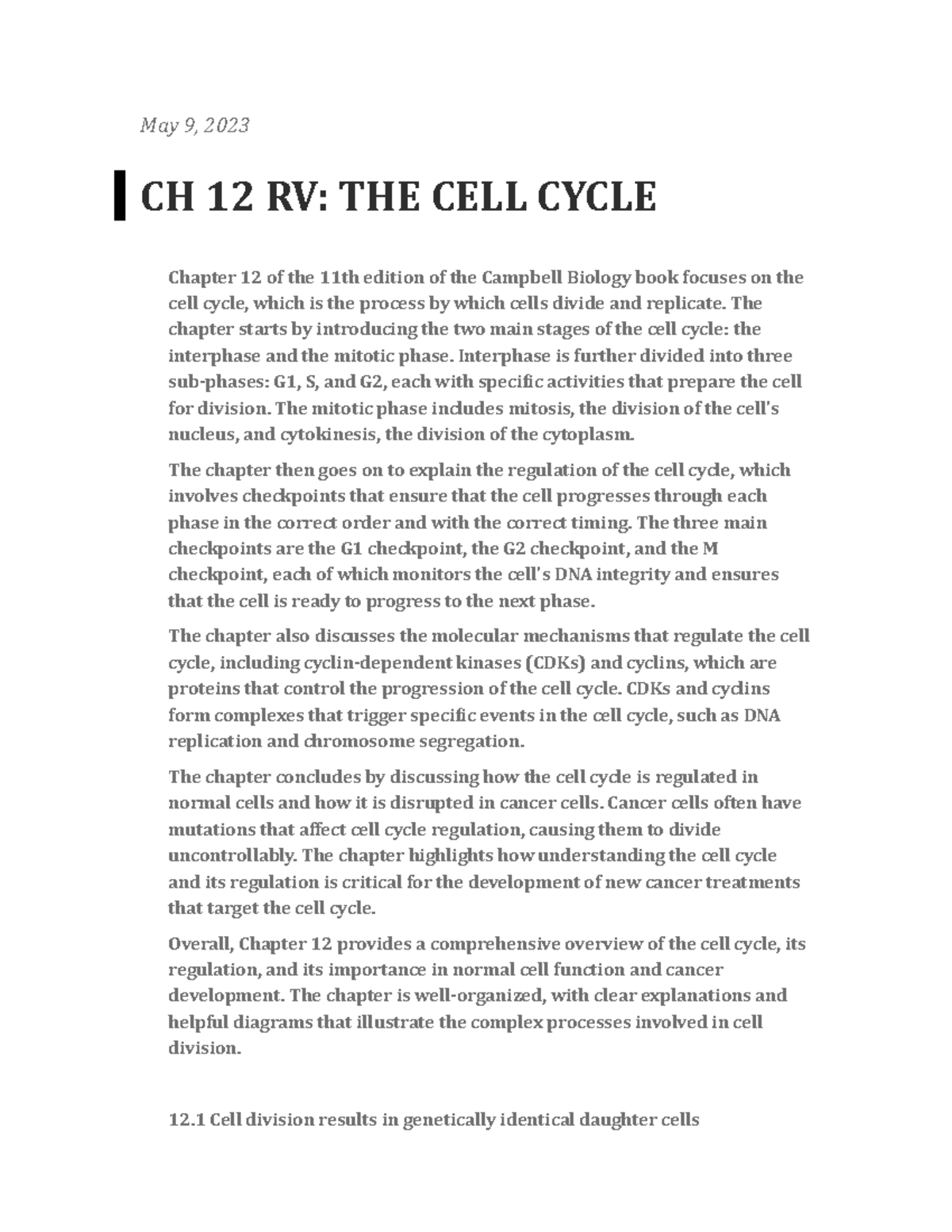CH 12 Summary: Understanding the Cell Cycle and Its Regulation - Studocu