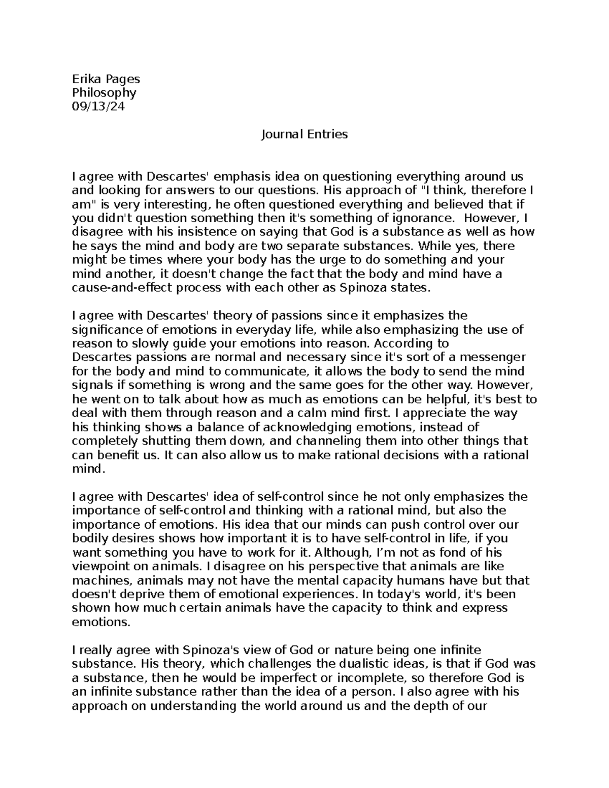 Philosophy Journal Entries 2: Reflections on Descartes & Spinoza - Studocu