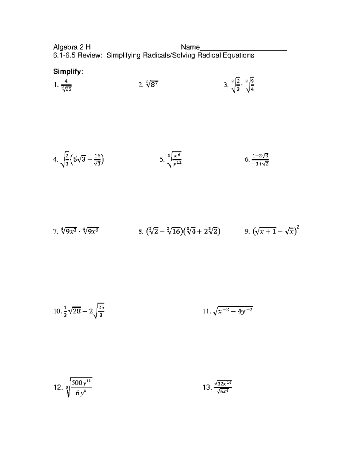 Algebra 2 H: 6.1-6.5 Review on Radicals & Equations - Studocu