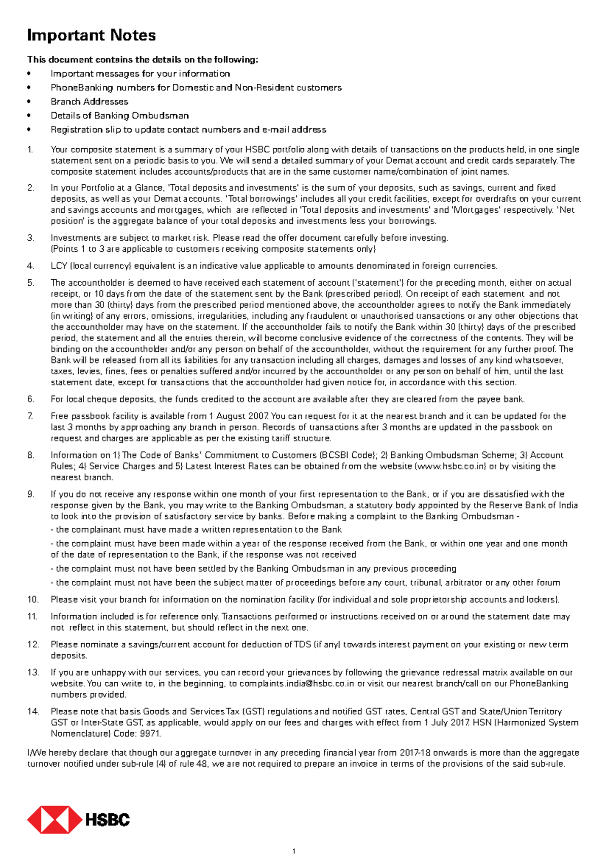 HSBC Important Notes: PhoneBanking, Ombudsman & Account Info - Studocu