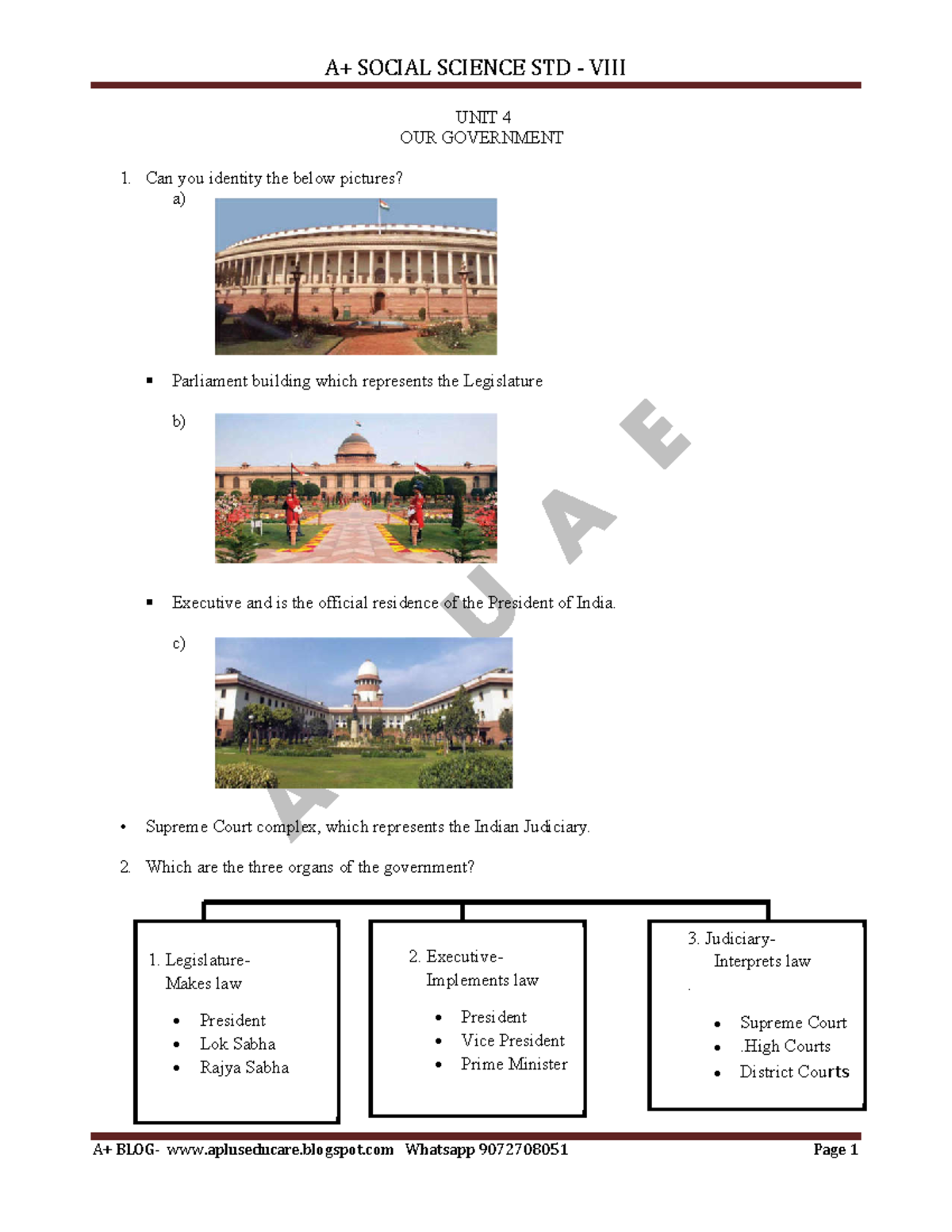 A+ BLOG - Class 8 - Chapter 4: Our Government Overview - Studocu