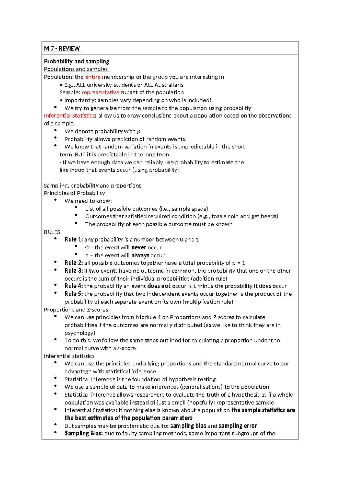 Module reviews - M 7 - REVIEW Probability and sampling Populations and ...