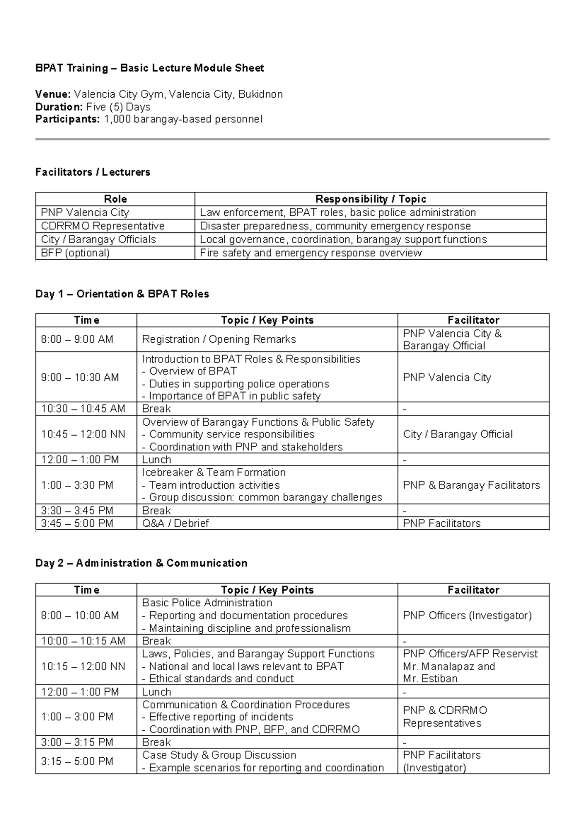 BPAT Training: Basic Lecture Module Sheet (Valencia City) - Studocu
