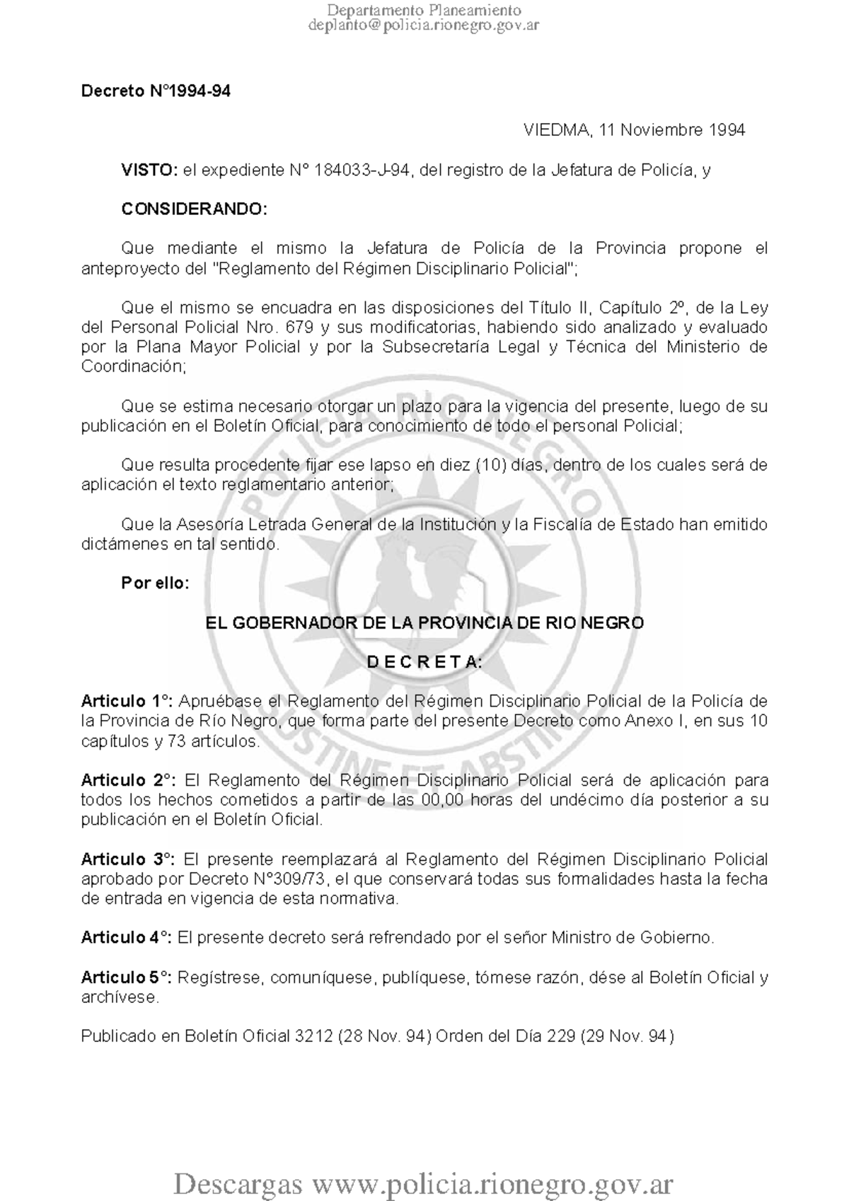 Decreto Nº 1994-94: Reglamento del Régimen Disciplinario Policial - Document Preview