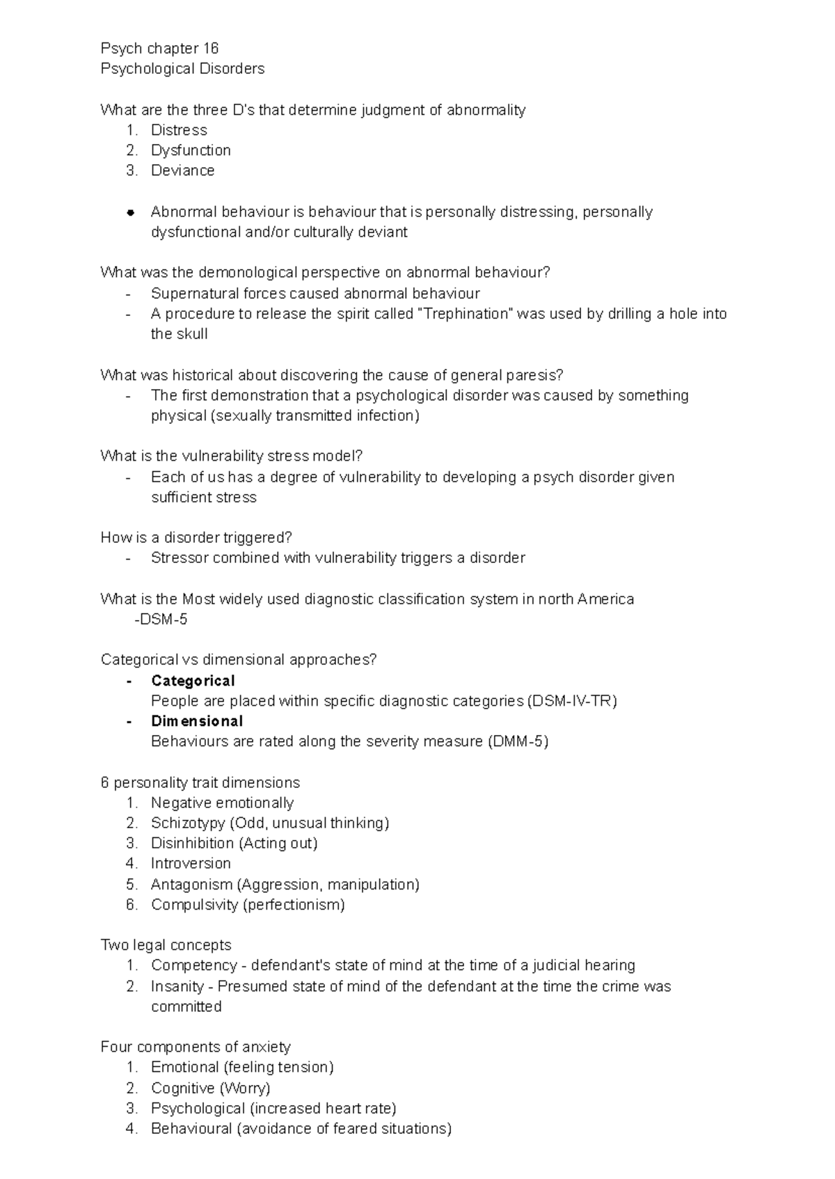 Ch. 16 - Psychological Disorders Overview and Key Concepts - Studocu