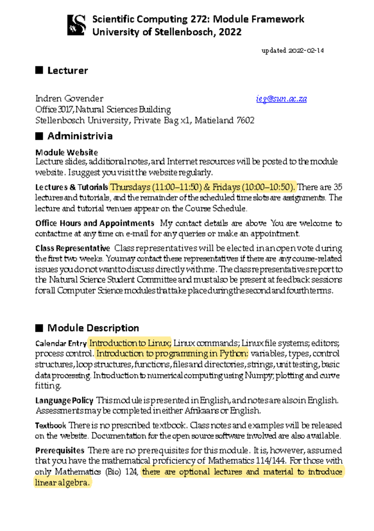 Scientific Computing 272: Module Framework Overview 2022 - Studocu