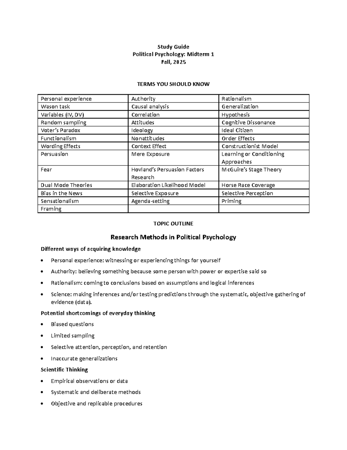 Study Guide for Political Psychology: Midterm 1 - Fall 2025 - Studocu