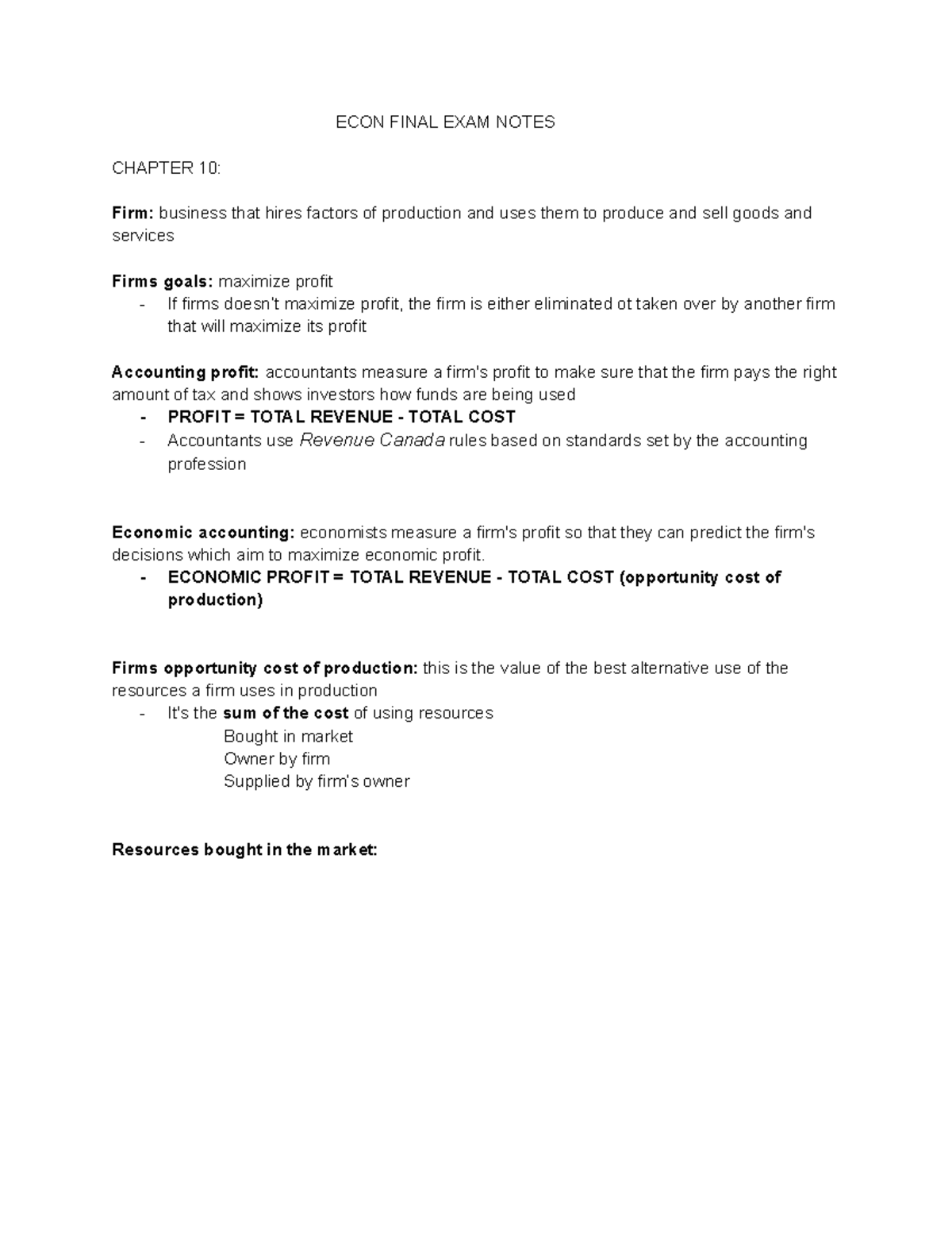 ECON Final EXAM Notes - ECON FINAL EXAM NOTES CHAPTER 10: Firm ...