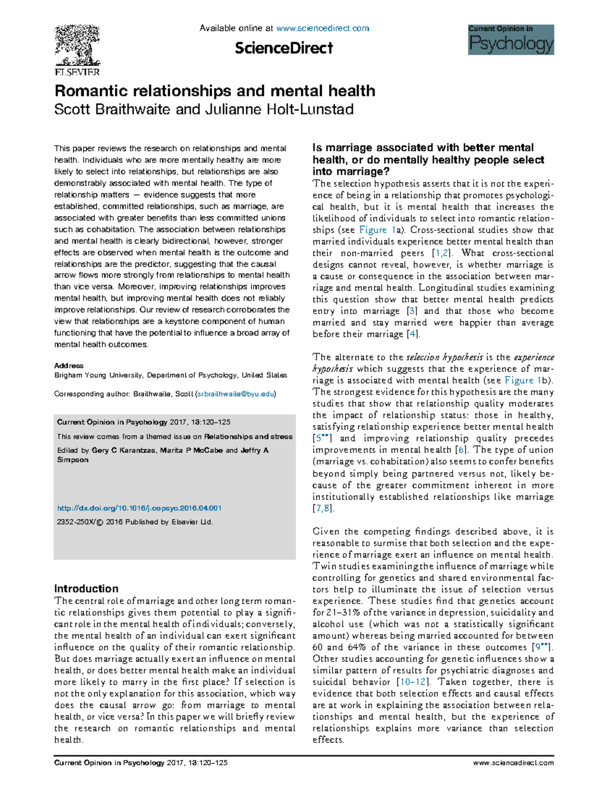 Romantic Relationships and Mental Health: Insights from Braithwaite ...