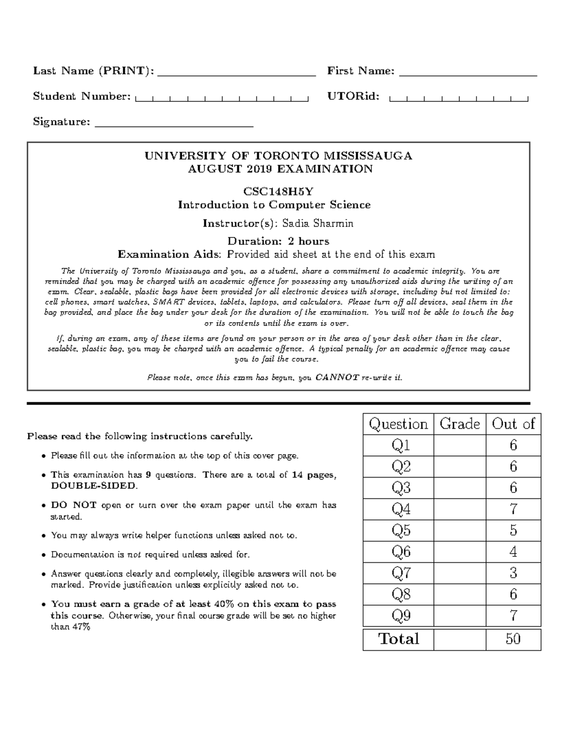 CSC148H5Y August 2019 Examination: Introduction to Computer Science ...