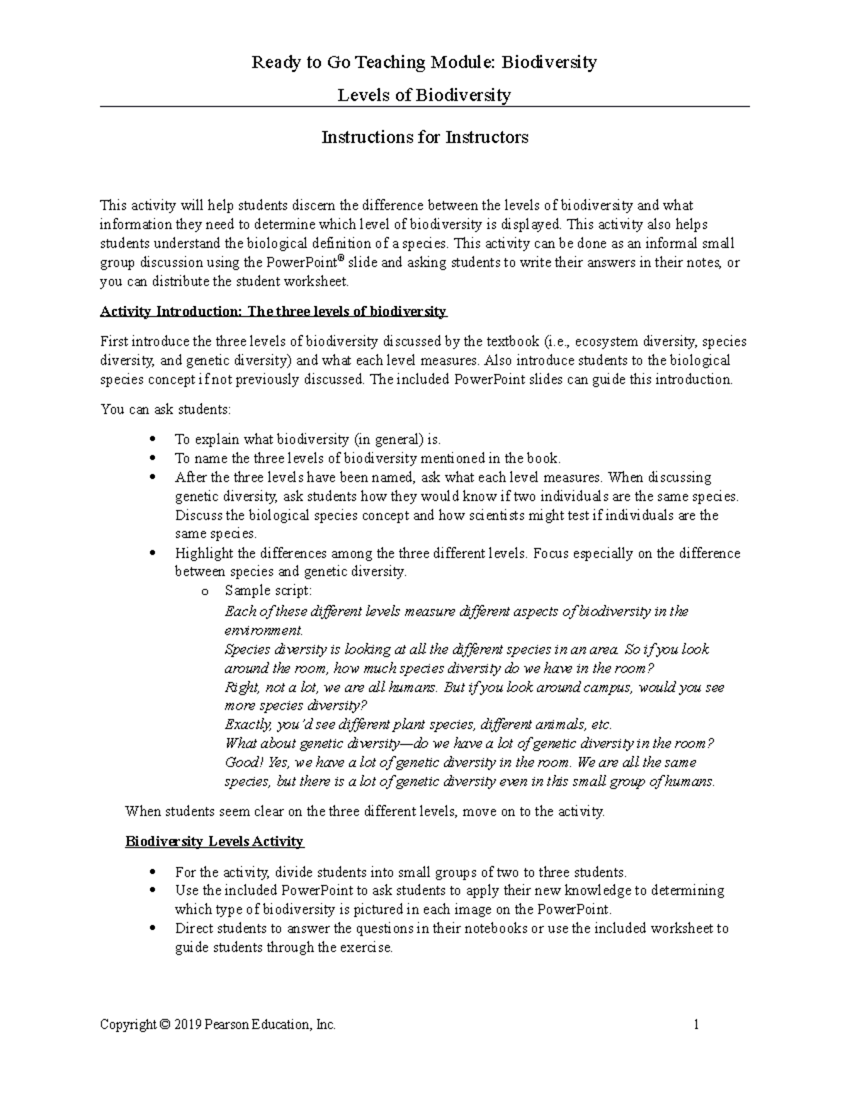 Biodiversity Levels Activity Instructions for Teaching Module - Studocu