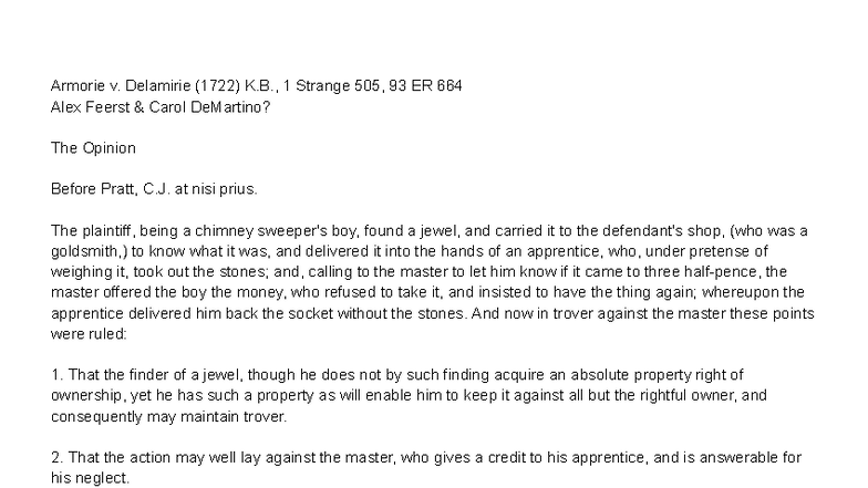 Armory V Delamirie 1722 Case Study Analysis Studocu