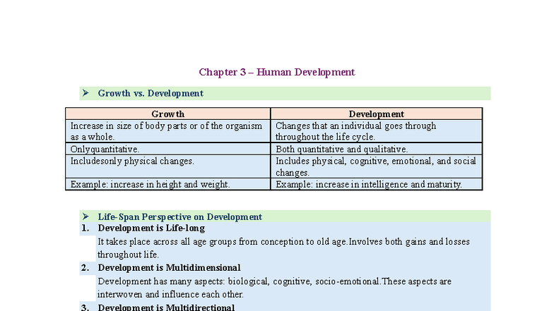 Ch-3 Human Development: Growth vs. Development Notes - Studocu