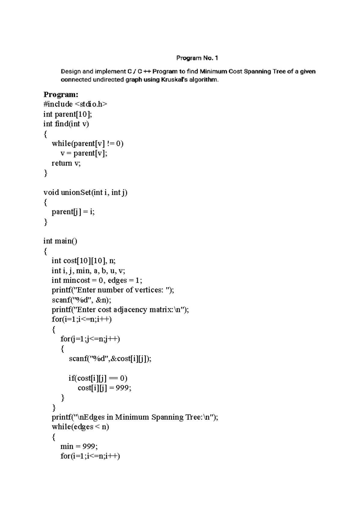 ADA Lab Programs 1 & 2: Minimum Spanning Tree Algorithm - Studocu