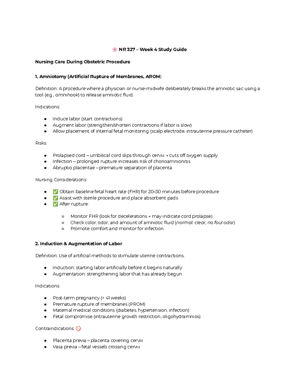 NR 327 Week 4 Study Guide: Nursing Care in Obstetric Procedures - Studocu